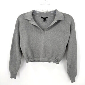 Forever 21 Womens Gray Cropped Knit Pullover Sweater Collared V Neck Size M